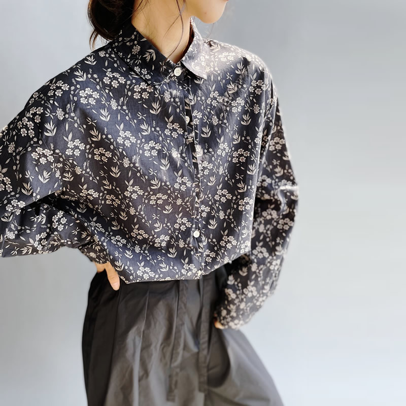 优雅藏青底色小碎花棉布长袖女式衬衫2025新品文艺时尚