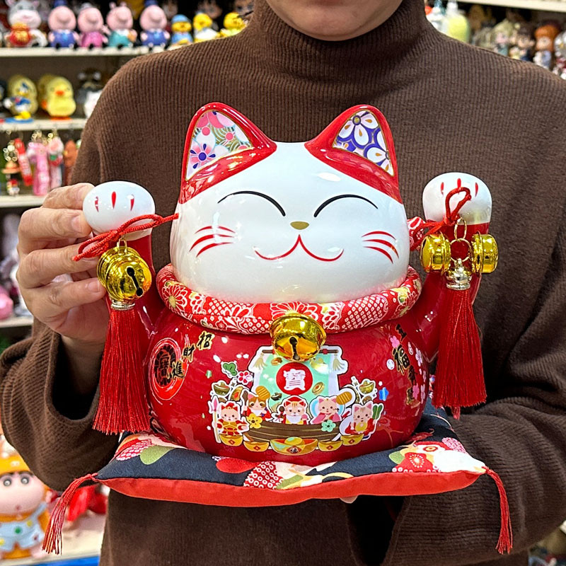 中式国风摆件举双手用陶瓷存钱罐居客厅装饰品喜庆红色
