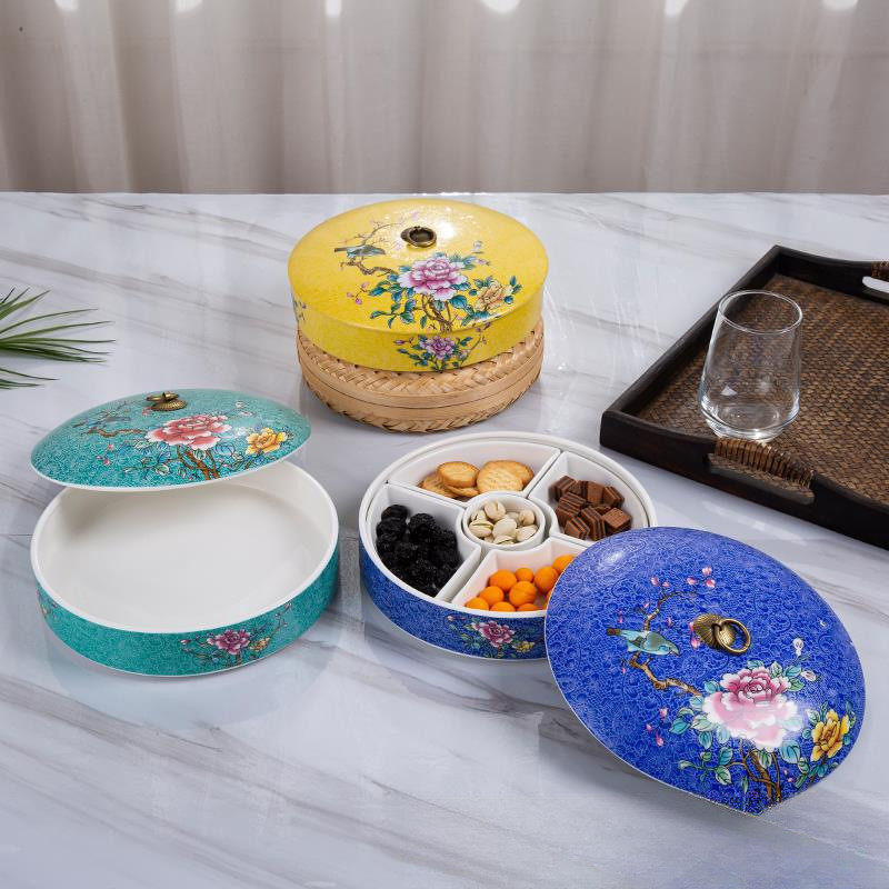 特色圆形珐琅彩干果盒创意五格凉菜碟拼盘彩色中式料碟干冰餐具,餐饮具,餐用托盘,淘宝优惠券,粉丝福利购,淘宝优惠卷