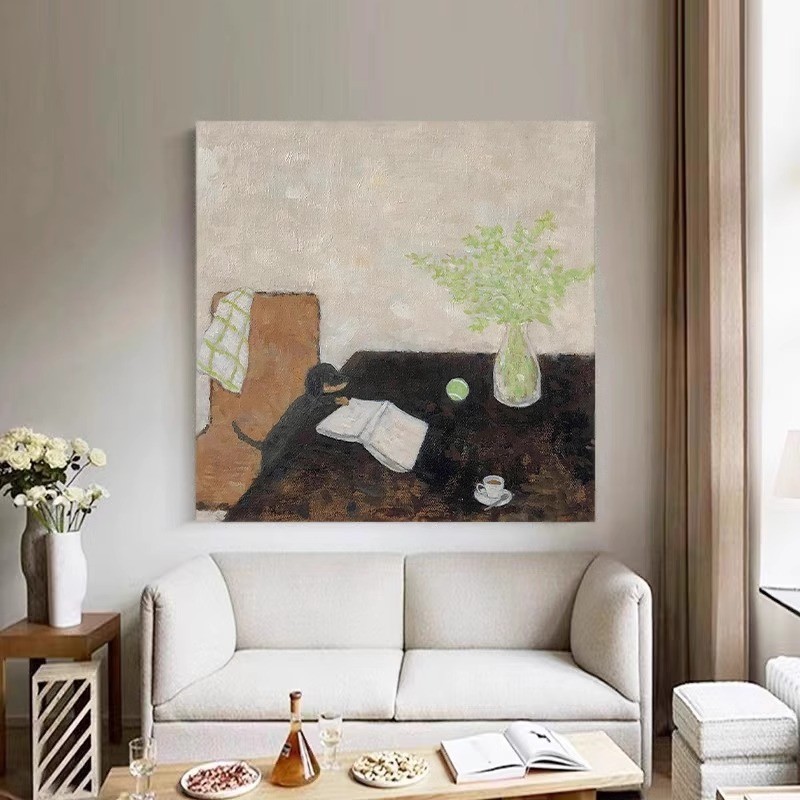 纯手绘画《淘气小狗》卧室现代简奶油风装饰画客厅玄关挂画手工画图片