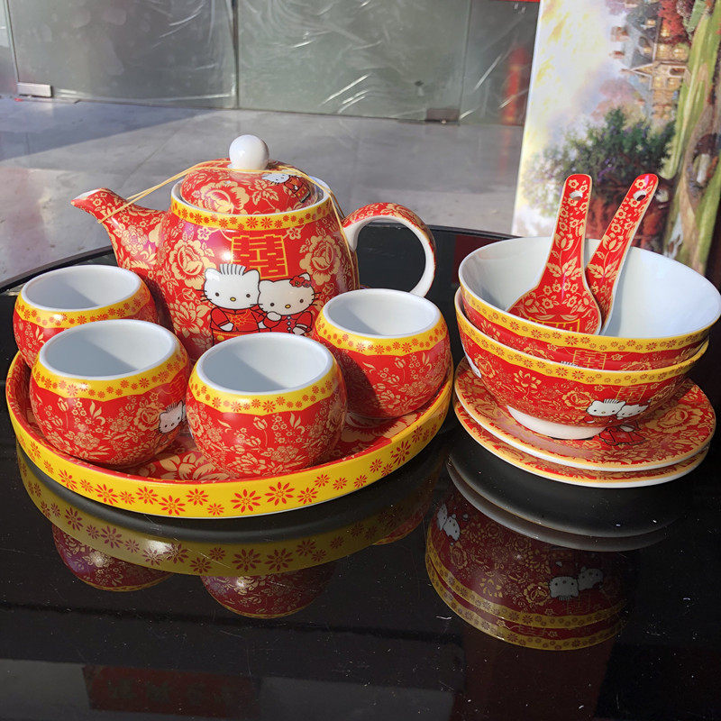 t9j5新人婚庆用品港式结婚敬茶杯套喜碗传统习俗新娘嫁妆陶瓷茶具图片