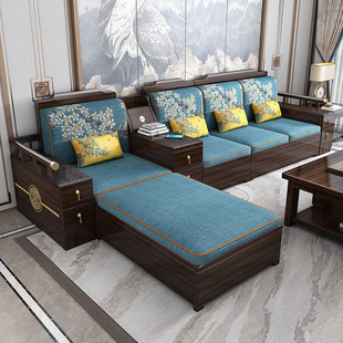 热销新中式全实木沙发储物轻奢乌金木贵妃沙发冬夏两用组合中式家