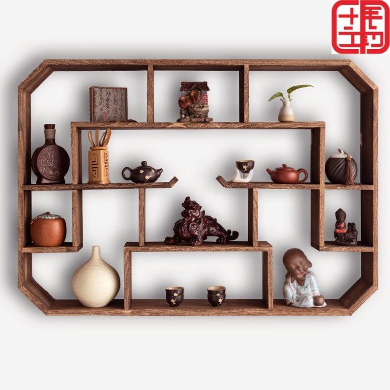 热销博古架实木中式展示架墙上置物架木质茶壶泡桐木壁挂式多宝阁