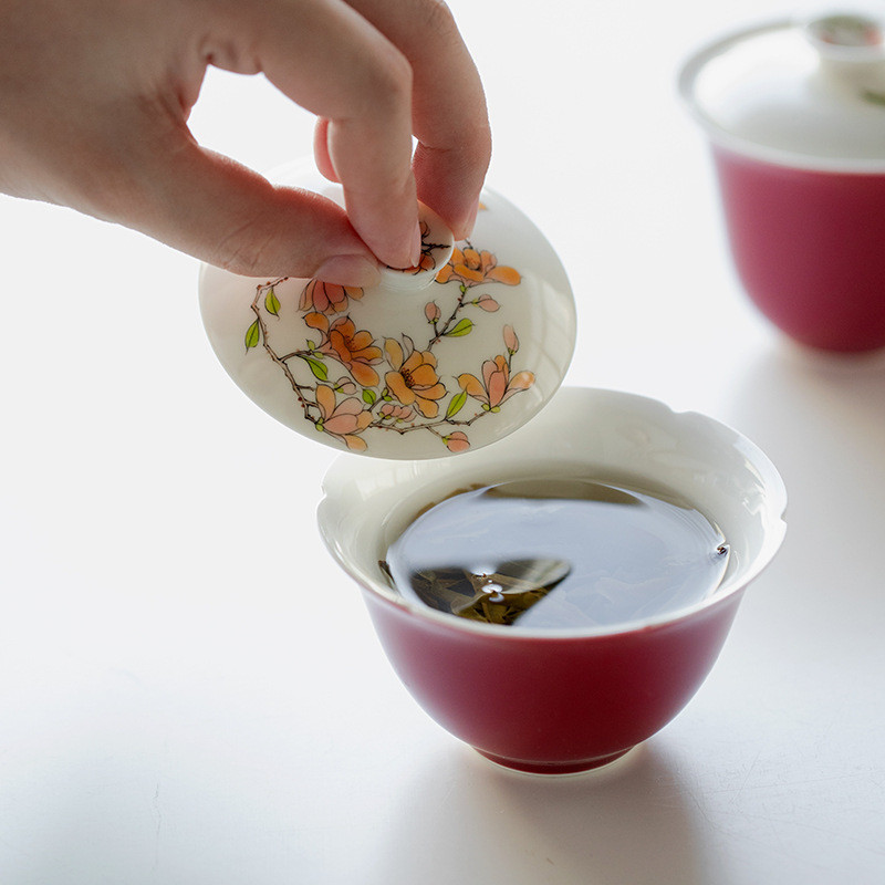 胭脂红纯手绘梧桐花葵口盖碗茶杯单个家用创意陶瓷茶碗带盖泡茶器