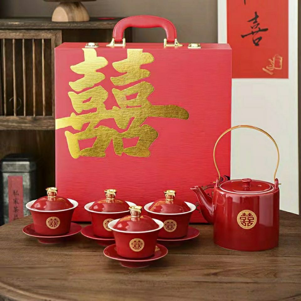 结婚庆新人敬茶壶敬茶杯套装盖碗泡茶壶喜庆陶瓷中式婚礼嫁妆高档