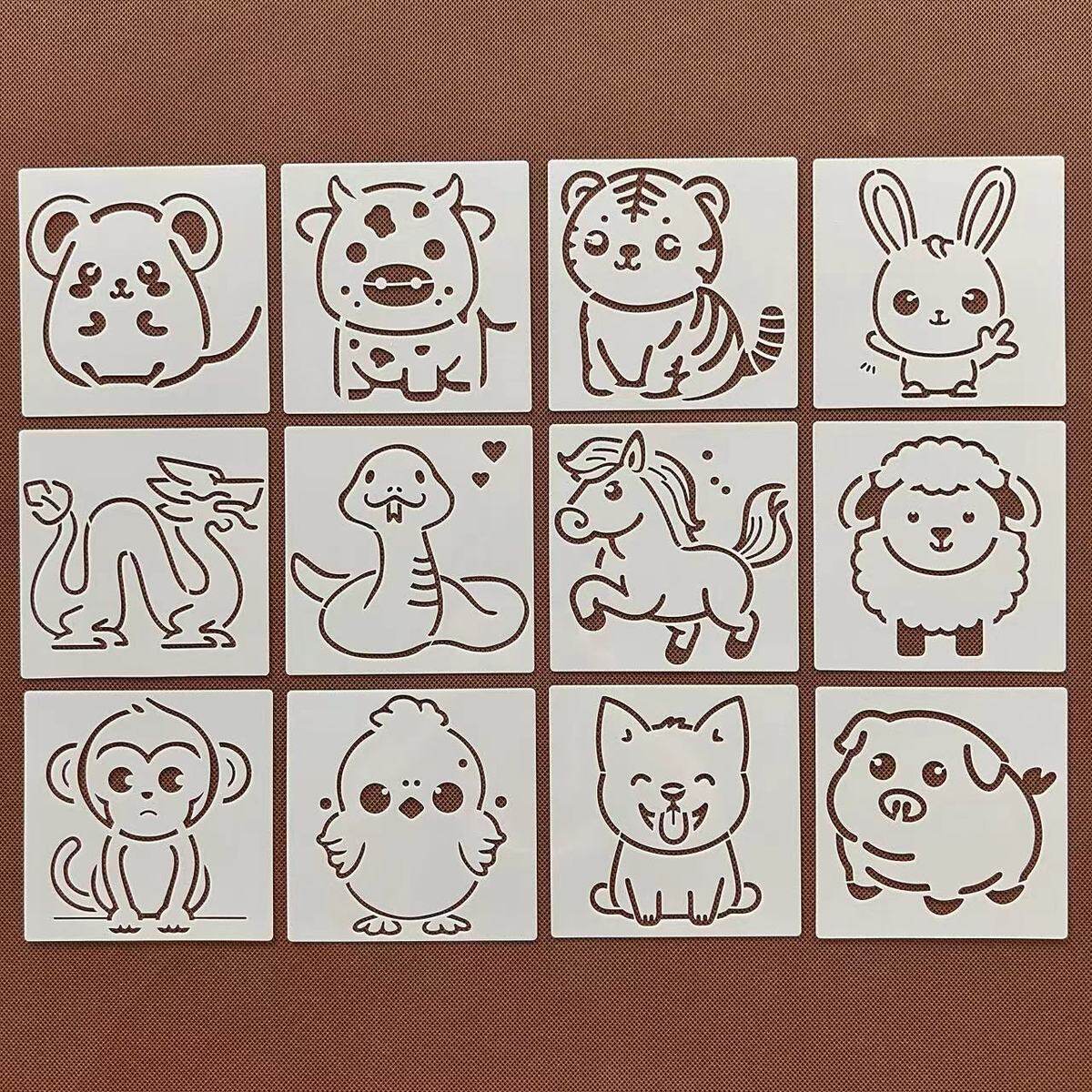 十二生肖可爱卡通绘画模板小动物喷涂绘画镂空模板手账辅助模板