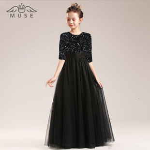 儿童晚长款钢琴管弦乐演奏唱团演出黑色亮片