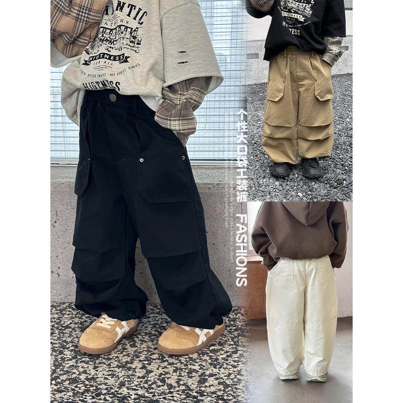 小杰家儿童春款长裤男2024新款韩版大口袋抽绳宽松工装裤潮