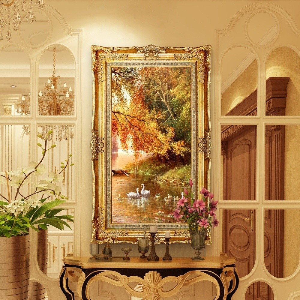 纯手绘油画动物天鹅风景走廊壁画欧式玄关墙面客大芬村挂画装饰画图片