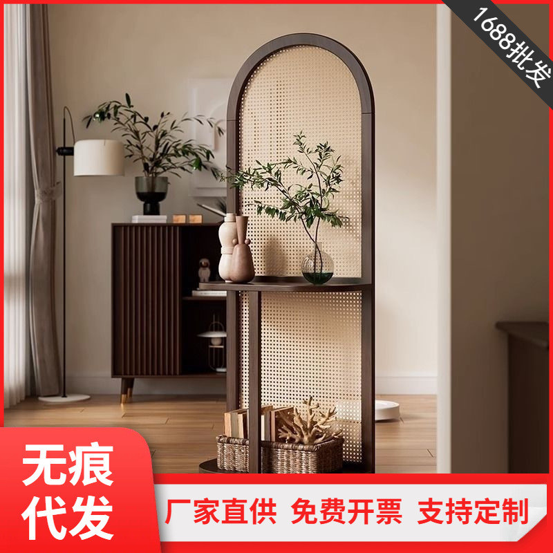 藤编卧室隔断家用玄关置物架客厅屏风可移动遮挡复古轻奢黑色座屏
