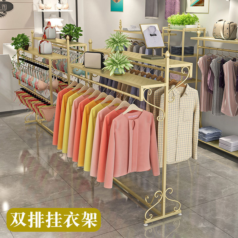 轻奢女装店货架金色双排挂衣架中间男装带板展示架铁艺童装中岛架