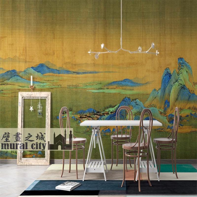 千里江山图壁布中式古风壁画山水复古墙纸客厅酒店摄影背景墙布画