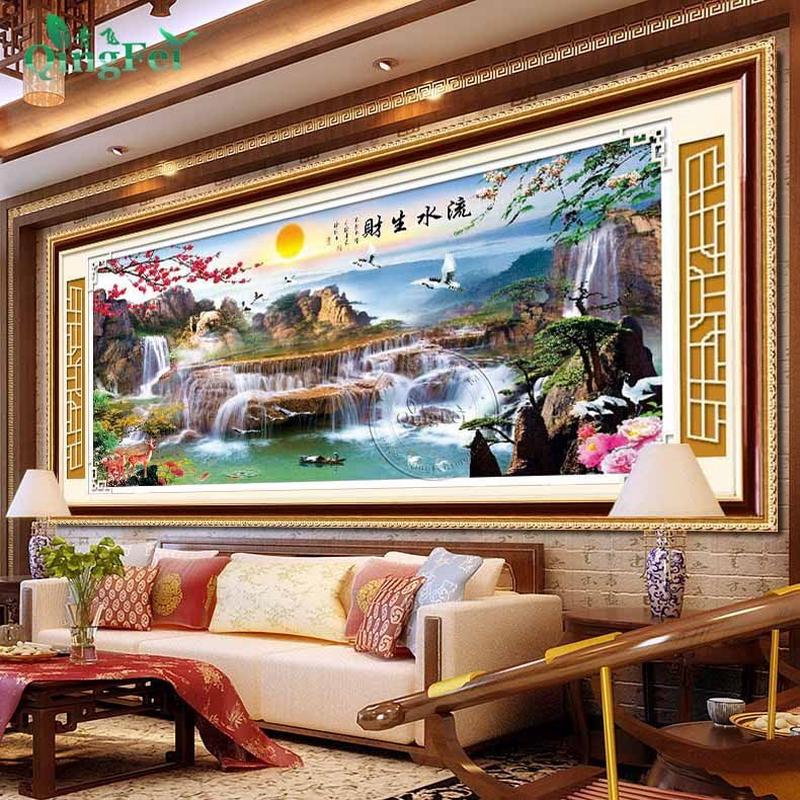 青飞精准印布流水生财富水长流山水画十字绣满绣客厅卧室挂画包邮