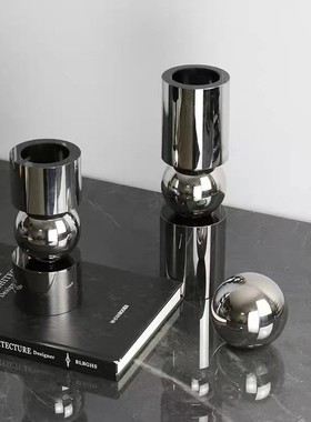 现代简约欧式轻奢烟灰色摆件水晶烛台几何样板房售楼处软装饰品