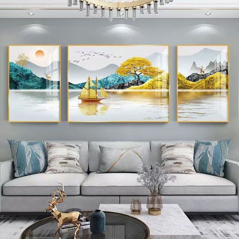 包安装2024客厅装饰画新款沙发后背景墙三联挂画壁画高级感晶瓷画