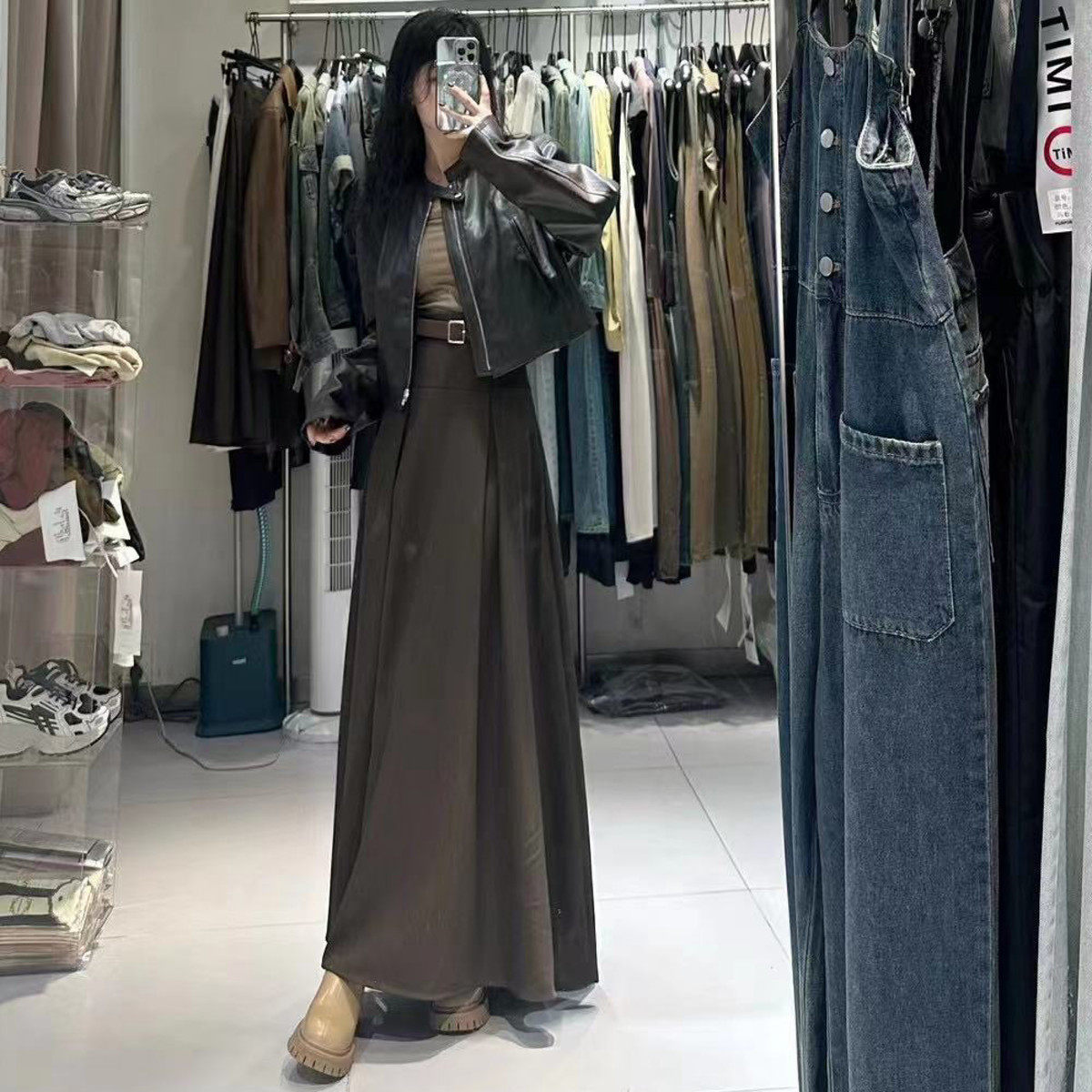 法式棕色女春季新款显瘦大裙摆百褶裙咖色伞裙