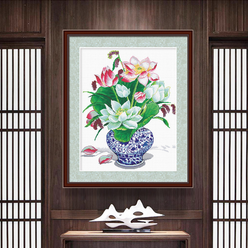 热销十字绣小件手工家用青花瓷花卉线绣客厅新款2020玄关小幅自己