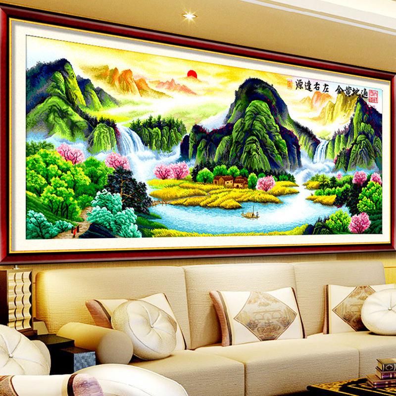 流水生财十字绣聚宝盆风水风景山水画办公室大幅客厅2022新款满绣