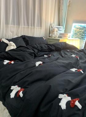 a6lins绿色刺绣水洗棉小兔兔床上四件套黑色被罩床单1.5m1.8三件