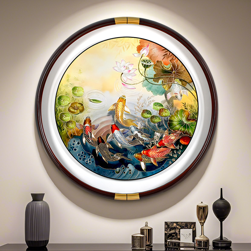 铜雕装饰挂画新中式手工錾刻连年有余高端大气圆形餐厅荷花九鱼图图片