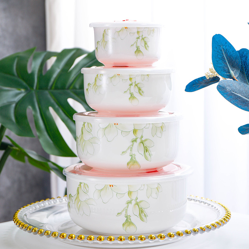 微波炉加热专用陶瓷碗带盖套装大号骨瓷保鲜家用密封四件套