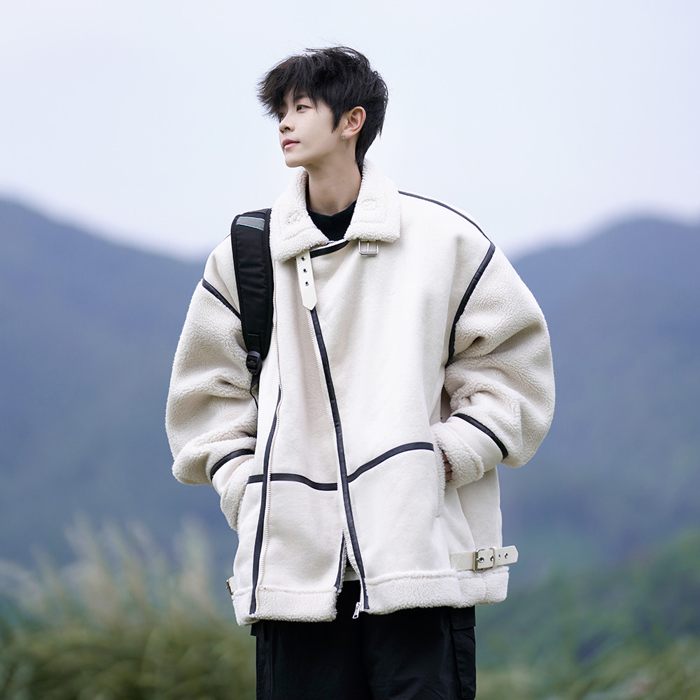 kusen 日系拼接羊羔绒棉衣男冬季青少年保暖宽松加绒加厚棉服新款