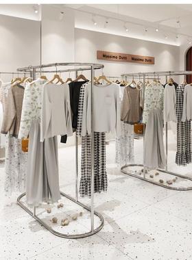 服装店不锈钢展示架双排货架衣服架中岛架陈列架落地式圆形挂衣架