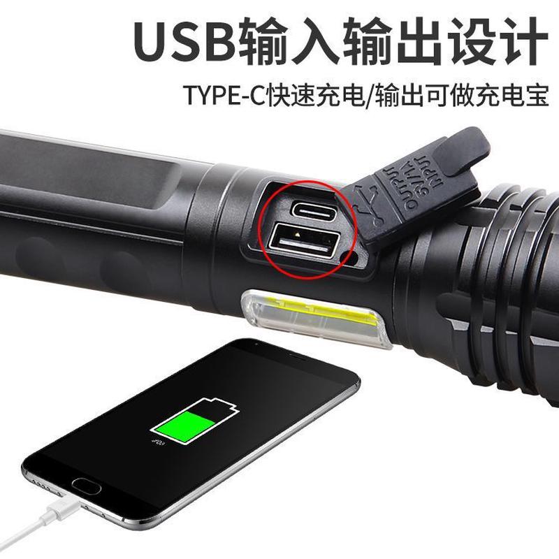 新款XHP50伸缩变焦Type-Cusb充电侧灯COB红白光户外LED手电筒