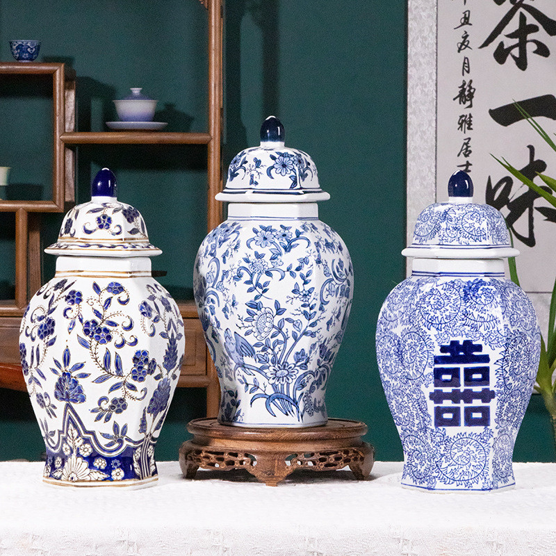 新中式青花瓷喜字花鸟六边将军罐陶瓷花瓶可水培装饰摆件客厅花瓶