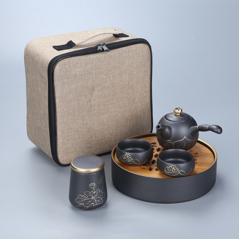 聯(lián)縱 戶外旅行手繪粗陶描金蓮花茶具一壺四杯帶茶盤套裝
