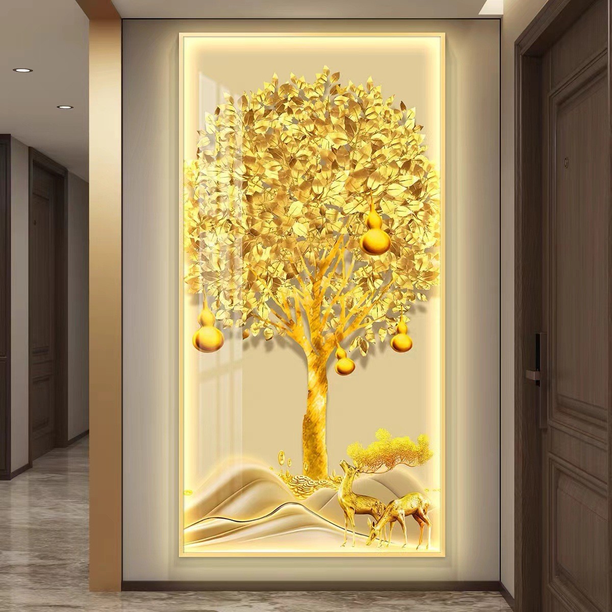 摇钱树led带灯轻奢入户玄关装饰画走廊过道尽头挂画壁画简约现代图片