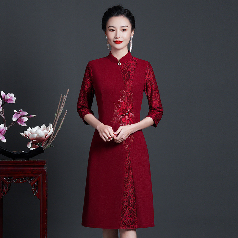 春秋新款中年妈妈装改良旗袍气质显瘦时尚婆婆婚宴礼服中长连衣裙