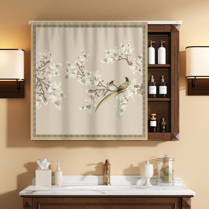 新中式梳妆台遮挡镜子帘化妆镜防尘拉帘免打孔卫生间柜子遮丑帘子