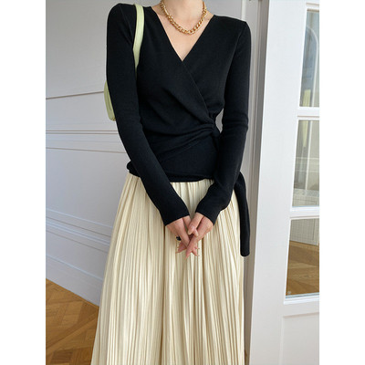 斜门襟绑带针织衫造型设计感 秋冬显瘦V领法式收腰气质打底