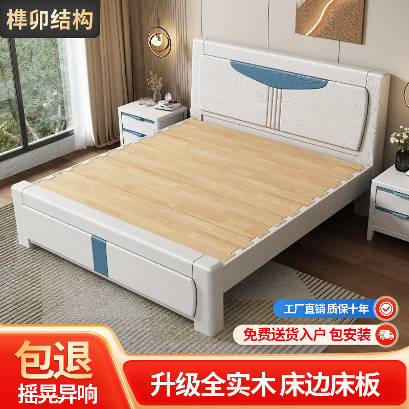 全实木静音榫卯结构满铺床板现代简约白色压纹主卧2米气压储物床图片