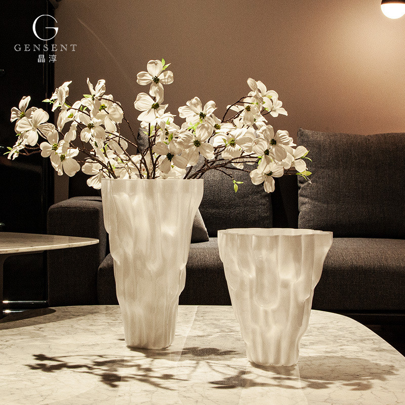 晶淳 高级感桌面大口花瓶高款 水培大花束鲜花绿植白色玻璃软装