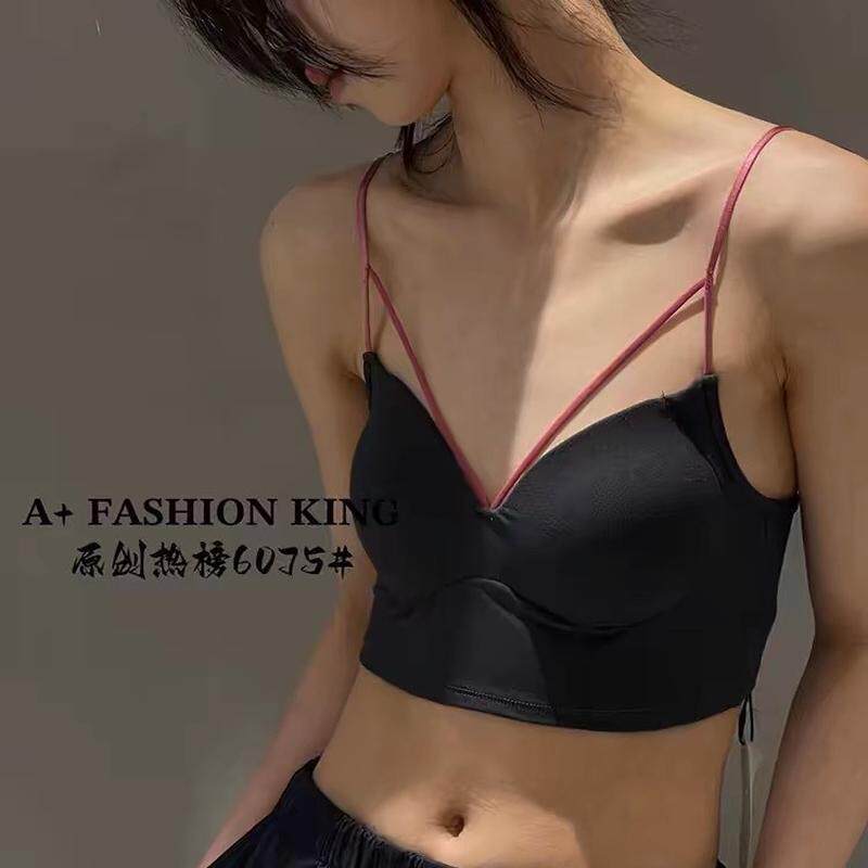 6075新款法式撞色设计细吊带一体抹胸美背短款固定杯外穿文胸背心