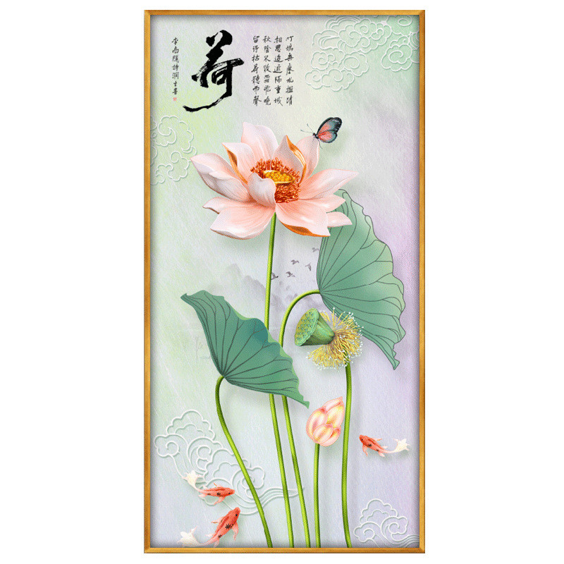 荷花玄关装饰画招财风水现代简约竖版走廊楼梯进门入户客厅壁挂画图片