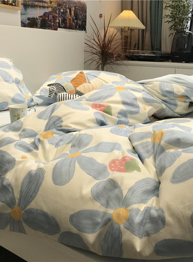 热销ip9d美式田园少女心油文艺画风蓝色棉加绒四件套a面b面宝