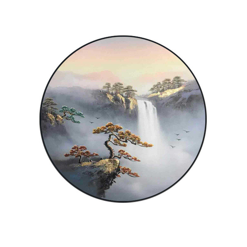 纯手绘圆形风景油画挂画客厅入户玄关装饰画手工绘制成品新中式
