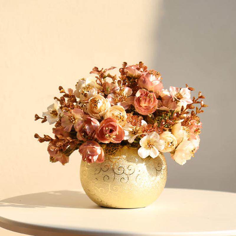 婚庆设计师客厅餐桌欧式复古花套装假花装饰花艺摆设金色