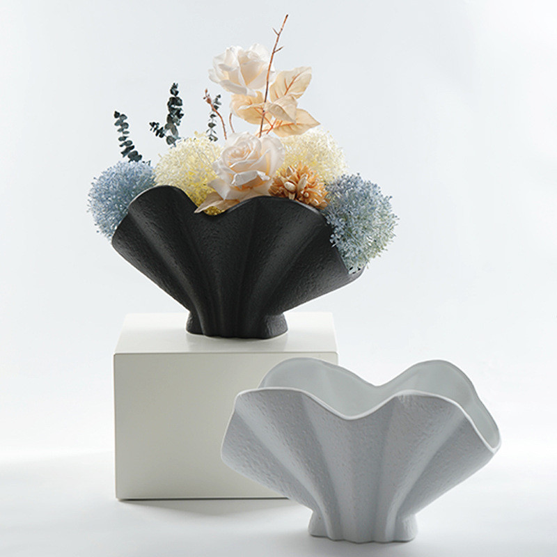 热销现代简约样板房客厅工艺品贝壳花器摆件白色干花插花软装创意