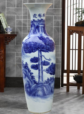手绘陶瓷景德镇青花瓷清明上河图落地大花瓶摆件客厅装饰品特大号