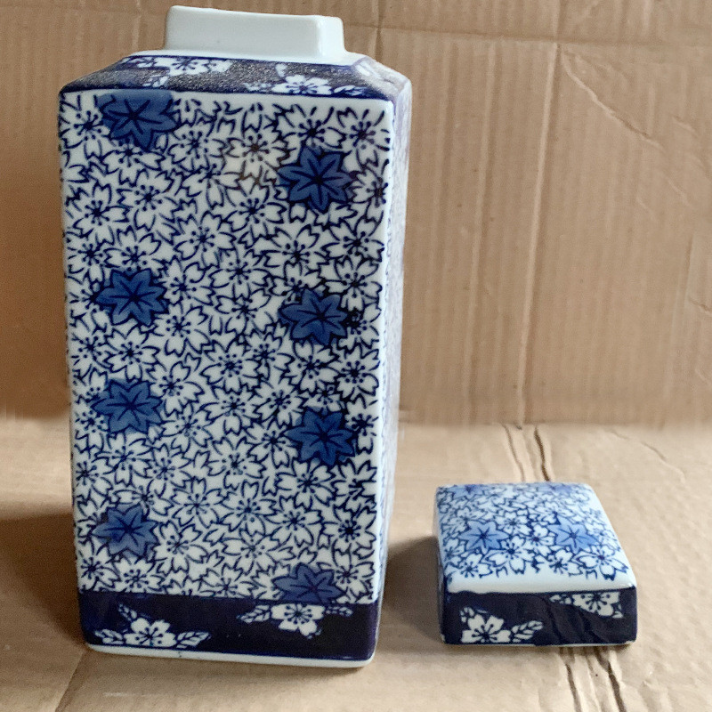 四方储物罐青花瓷陶瓷器小花瓶摆件插花中式博古架客厅装饰工艺品