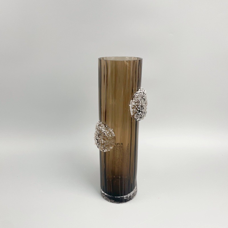 北欧轻奢直筒敞口软装琉璃水晶装饰彩色玻璃吹制花瓶棕色装修摆件