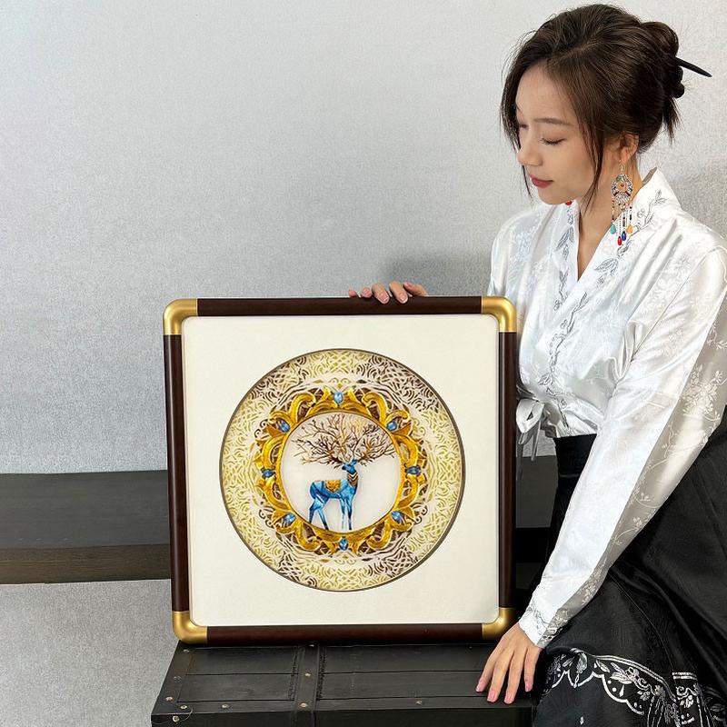 新中式餐厅背景墙装饰画高端大气立体刺绣挂画玄关走廊过道壁画鹿图片