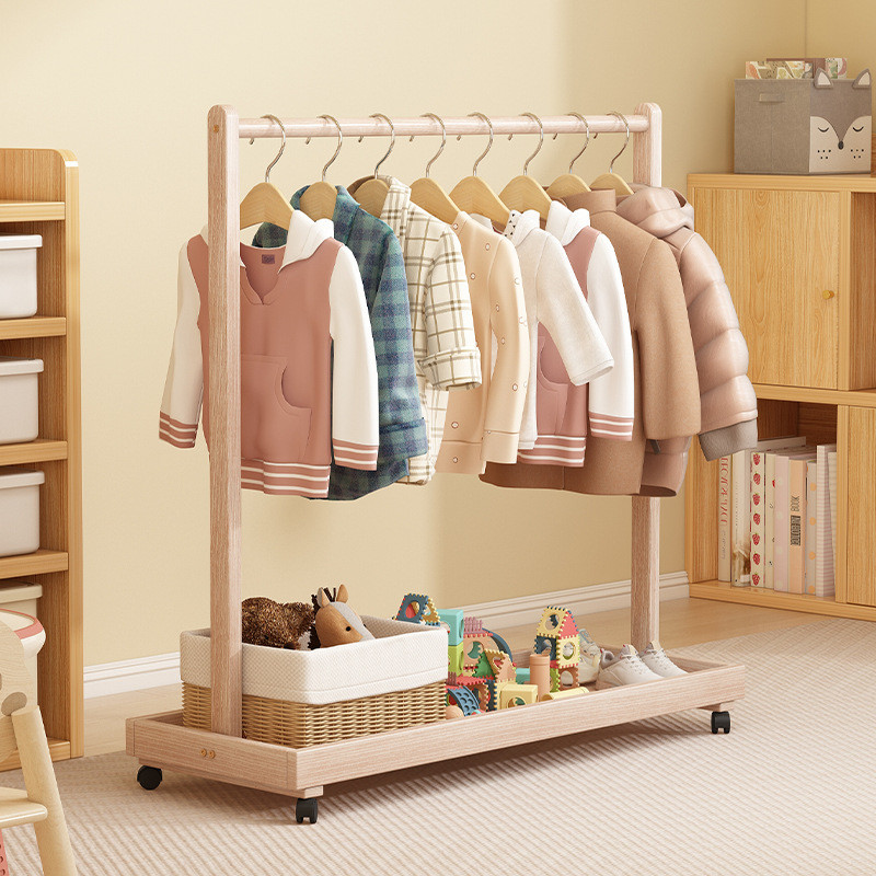实木儿童衣帽架矮款简易移动挂衣架万向轮加粗落地衣架阳台晾衣架