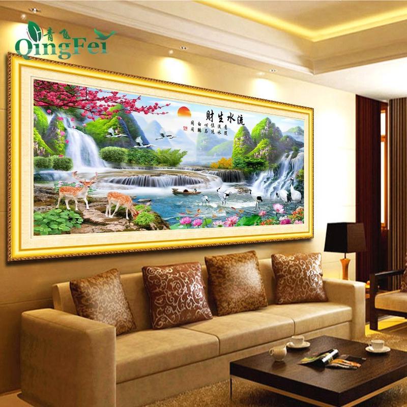 热销鹿飞十字绣流水生财青线绣满绣流水生财客厅贴钻画大幅有钻石