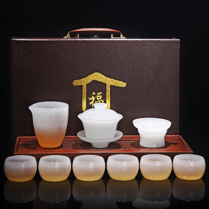白玉茶具套装组合琉璃茶杯家用办公送礼玉瓷茶壶玻璃功夫盖碗礼