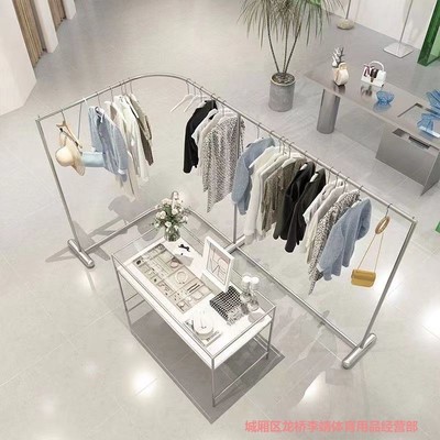 服装店展示架货架不锈钢女装店专用挂衣架落地式陈列侧挂架拉丝银